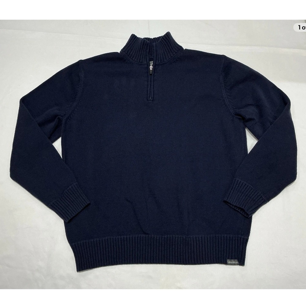 Eddie Bauer Knit Sweater Mens Large Blue 1/4 Zip Pullover 100% Cotton Mock Neck